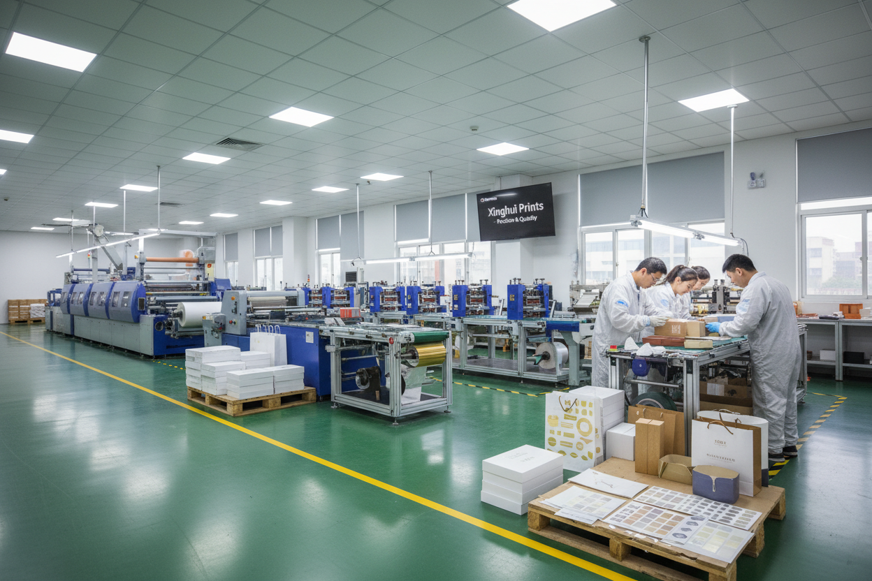 A high-end manufacturing scene inside a printing and hot foil stamping factory (Xinghui Prints), photorealistic. Wide-angle view of a clean production line: automated printing/finishing machines, a hot foil stamping station, workers wearing gloves inspecting premium packaging boxes and labels under quality-control lighting. Stacks of finished custom packaging (boxes, paper bags, stickers/labels) neatly arranged on pallets. Bright industrial lighting, spotless and organized environment, efficient workflow vi
