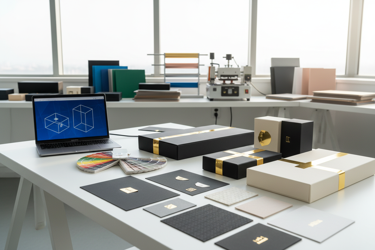 A modern product development scene for a custom printing & foil stamping factory (Xinghui Prints), photorealistic. A clean design studio desk with packaging mockups, color swatch book, pantone guide, foil stamping samples (gold foil), embossed paper cards, and a laptop showing dielines/packaging layout (no readable text). In the background, a small sampling area with a compact hot foil stamping machine and neatly stacked premium paper sheets. Bright, soft daylight, minimal and professional, premium brand fe