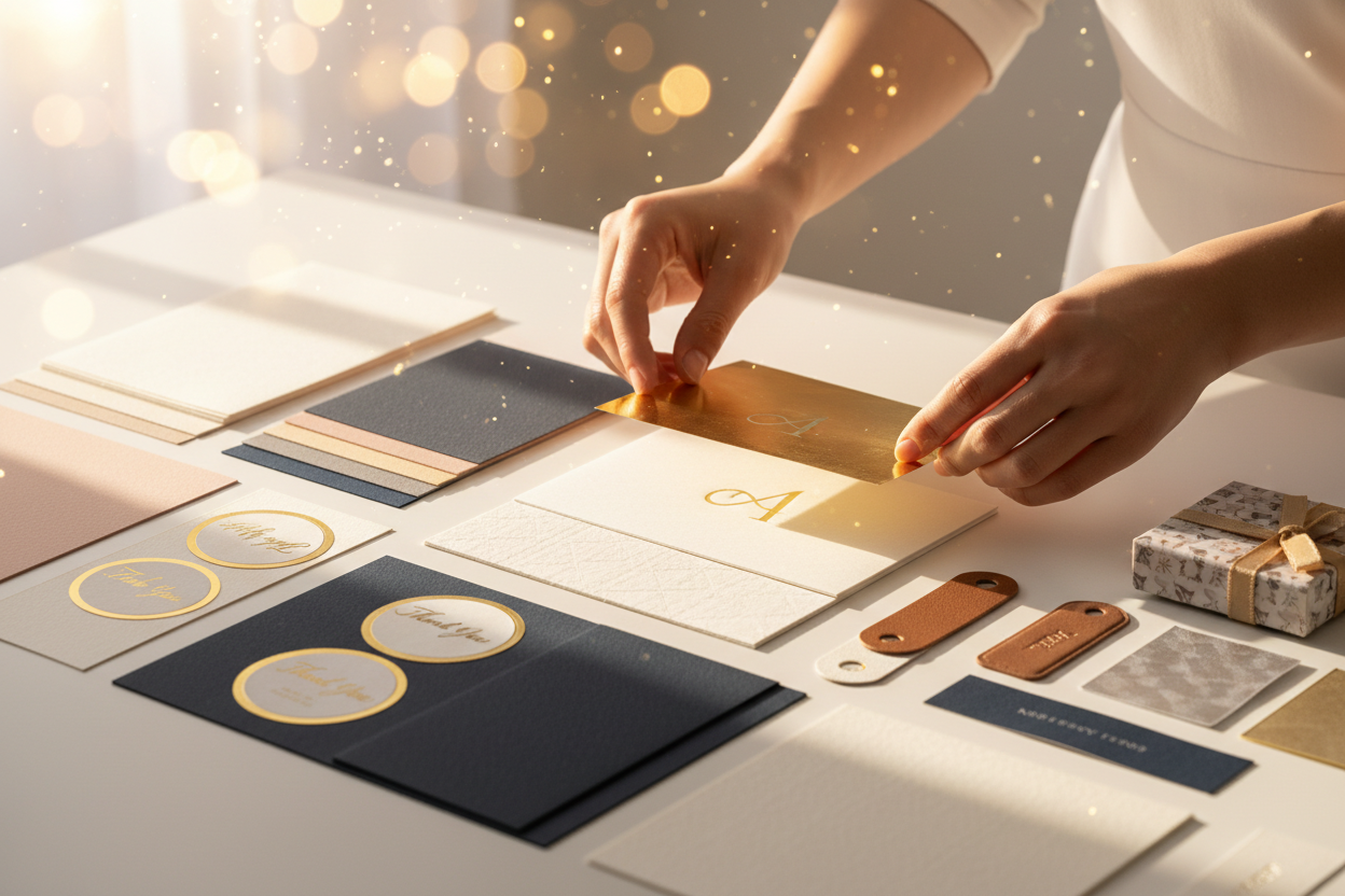Prompt：
A premium, artistic visual representing “personalization made simple” for Xinghui Prints, photorealistic. A bright, minimal creative workspace where customized printing and foil stamping crafts are being made: hands placing gold foil accents on a personalized card, neatly arranged premium paper, color swatches, emboss/foil samples, and elegant finished items (custom labels, tags, small gift box). Soft natural light, warm tone, subtle gold highlights, clean background, high-end brand feeling, shallow